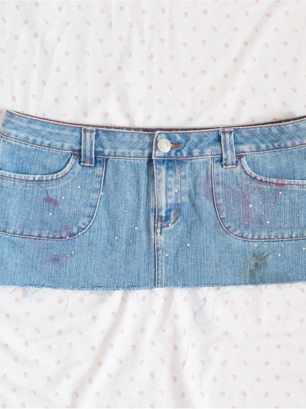 So Wear It Declare It Light Blue Denim Mini Skirt with Paint-Splatter Detail